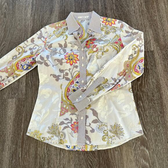 EUC Etro Floral Paisley Button Down Shirt US 6 Long Sleeve Cotton Stretch Top - Picture 10 of 14